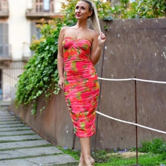 Zara Tulle Floral Corset Ruched Dress Blogger Favorite Sz S - Picture 3 of 12